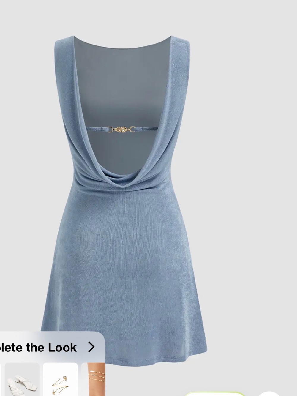 Scoop-Back Light Blue Velvet Mini Dress with Chain Detail